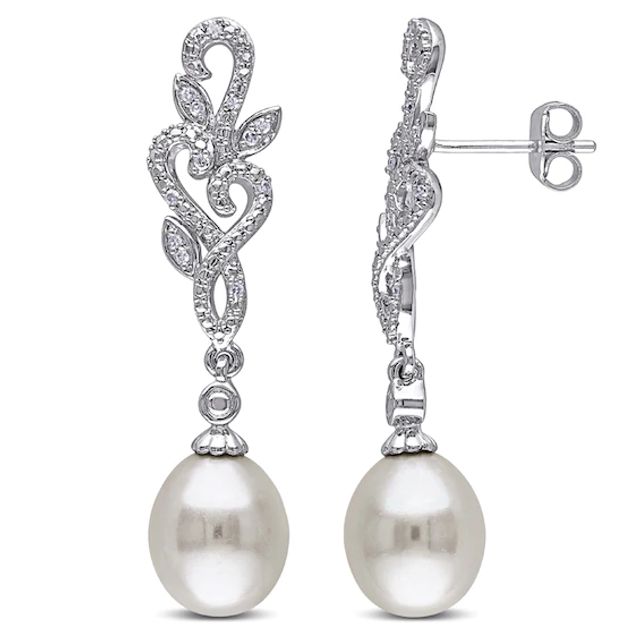 8.5-9.0mm Baroque Freshwater Cultured Pearl and 1/10 CT. T.w. Diamond Vine Drop Earrings in Sterling Silver