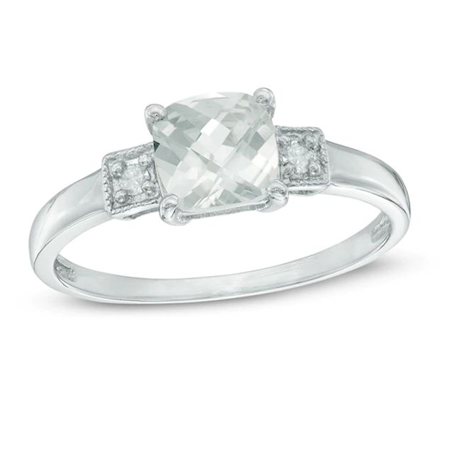 6.0mm Cushion-Cut Lab-Created White Sapphire and Diamond Accent Three Stone Ring in Sterling Silver