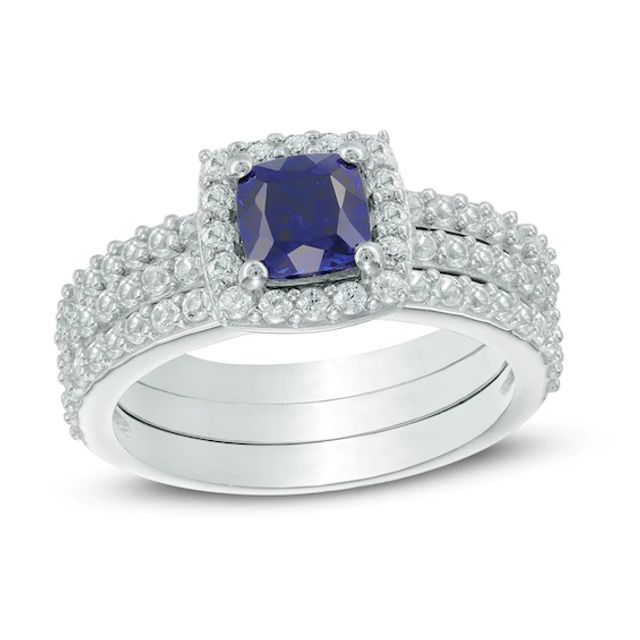 5.0mm Cushion-Cut Lab-Created Blue and White Sapphire Frame Three Piece Bridal Set Sterling Silver