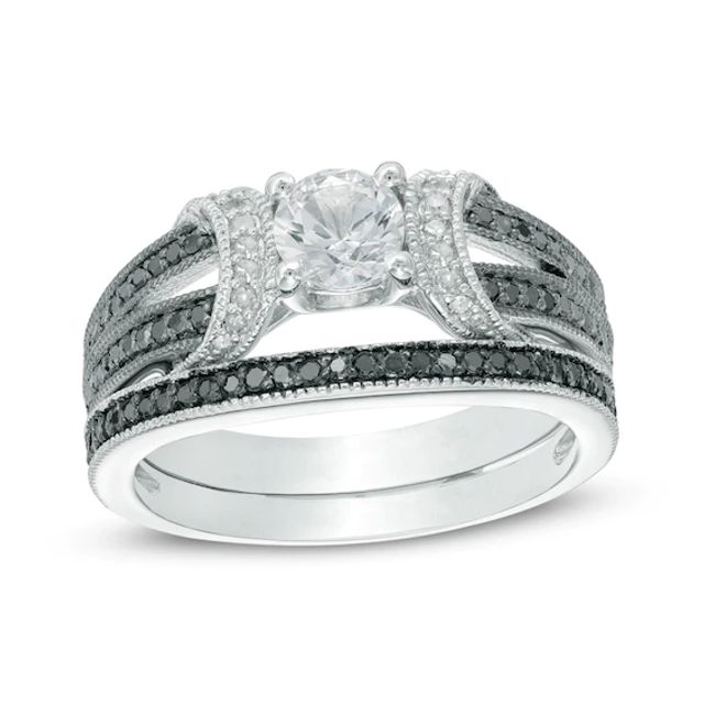 5.0mm Lab-Created White Sapphire and 3/8 CT. T.w. Enhanced Black Diamond Bridal Set Sterling Silver