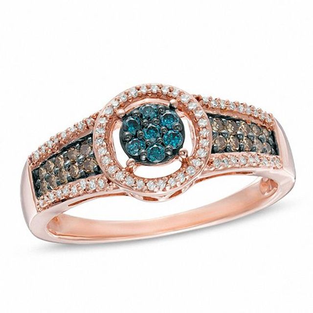 1/3 CT. T.w. Enhanced Blue, Champagne and White Composite Diamond Frame Ring in 10K Rose Gold