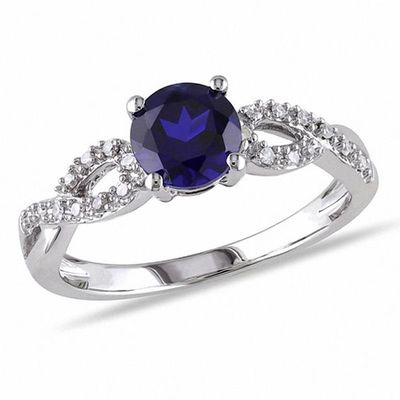 6.0mm Lab-Created Blue Sapphire and Diamond Accent Twist Ring in 10K White Gold