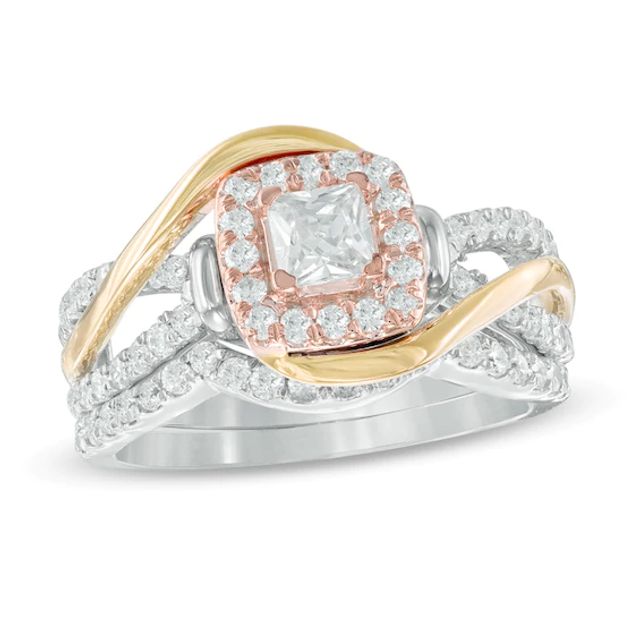 1 CT. T.w. Princess-Cut Diamond Square Frame Swirl Bridal Set in 10K Tri-Tone Gold