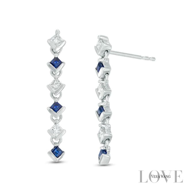 Vera Wang Love Collection 1/5 CT. T.w. Diamond and Blue Sapphire Linear Drop Earrings in 14K White Gold