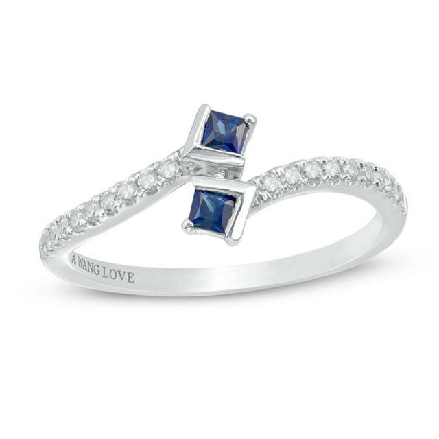 Vera Wang Love Collection 1/8 CT. T.w. Diamond and Blue Sapphire Bypass Ring in 14K White Gold