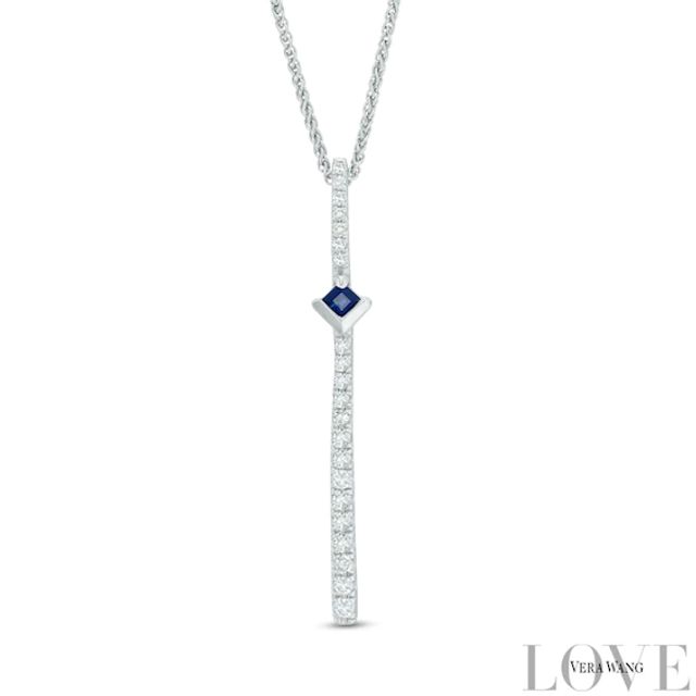 Vera Wang Love Collection 1/10 CT. T.w. Diamond and Blue Sapphire Linear Drop Pendant in 14K White Gold