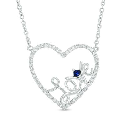 Vera Wang Love Collection 1/5 CT. T.w. Diamond and Blue Sapphire Heart "Love" Necklace in Sterling Silver