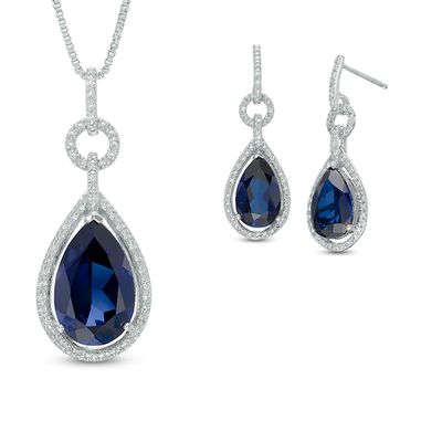 Pear-Shaped Lab-Created Blue Sapphire and 1/3 CT. T.w. Diamond Pendant and Earrings Set in Sterling Silver