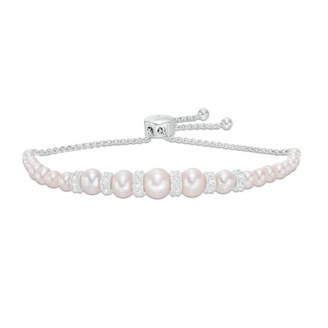 3.0-8.0mm Freshwater Cultured Pearl and Lab-Created White Sapphire Graduated Bolo Bracelet in Sterling Silver-9.0"
