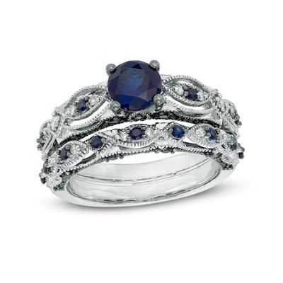 6.0mm Lab-Created Blue Sapphire and 1/10 CT. T.w. Diamond Vintage-Style Bridal Set 10K White Gold