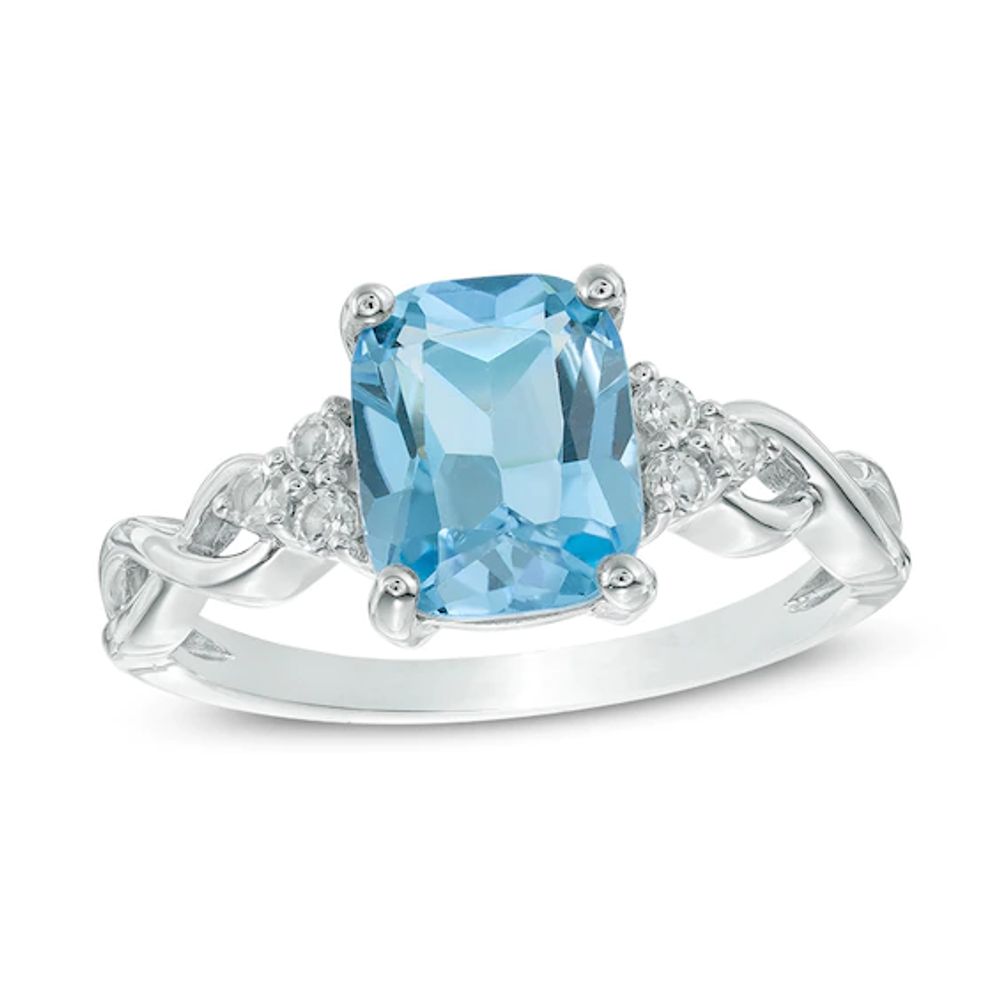 Cushion-Cut Blue and White Topaz Tri-Sides Ring 10K Gold