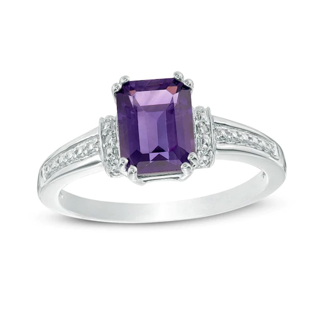 Emerald-Cut Amethyst and Diamond Accent Collar Ring 10K White Gold