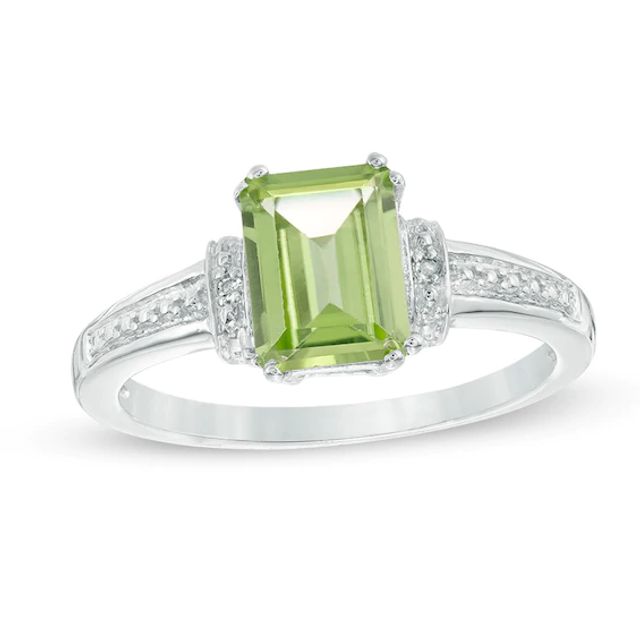 Emerald-Cut Peridot and Diamond Accent Collar Ring in 10K White Gold