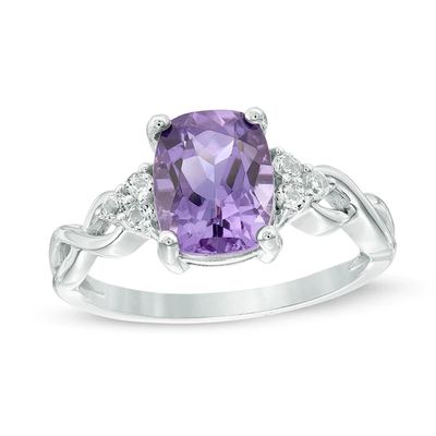 Cushion-Cut Amethyst and White Topaz Tri-Sides Ring in 10K White Gold