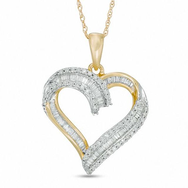 1/2 CT. T.w. Baguette-Cut and Round Diamond Heart Pendant in 10K Gold