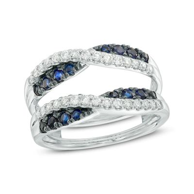 Blue Sapphire and 3/8 CT. T.w. Diamond Crossover Solitaire Enhancer in 14K White Gold