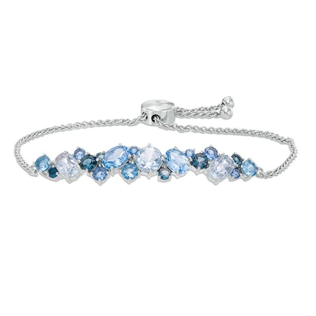 Blue Topaz, Lab-Created Blue Spinel and White Sapphire Cluster Bolo Bracelet in Sterling Silver - 9.0"