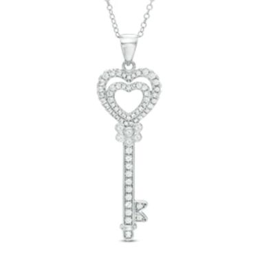 Lab-Created White Sapphire Double Heart-Top Key Pendant in Sterling Silver