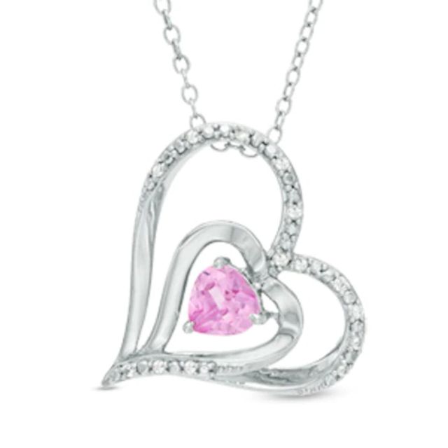 5.0mm Pink and White Lab-Created Sapphire Tilted Double Heart Pendant in Sterling Silver