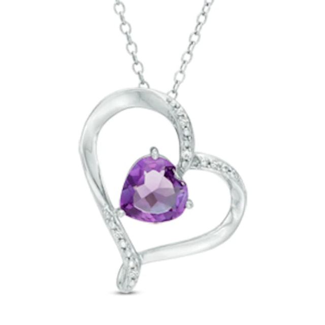 7.0mm Amethyst and White Lab-Created Sapphire Tilted Heart Pendant in Sterling Silver