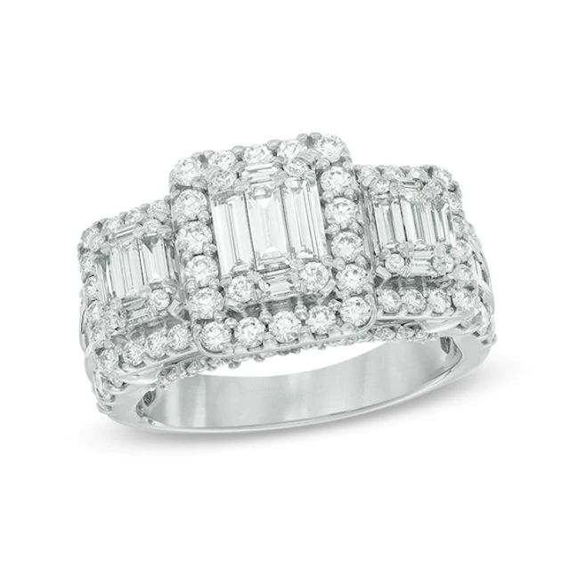 2 CT. T.w. Baguette Composite Diamond Three Stone Engagement Ring in 14K White Gold