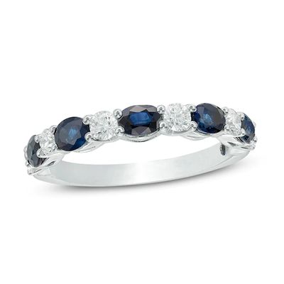 Vera Wang Love Collection Oval Blue Sapphire and 3/8 CT. T.w. Diamond Alternating Band 14K White Gold