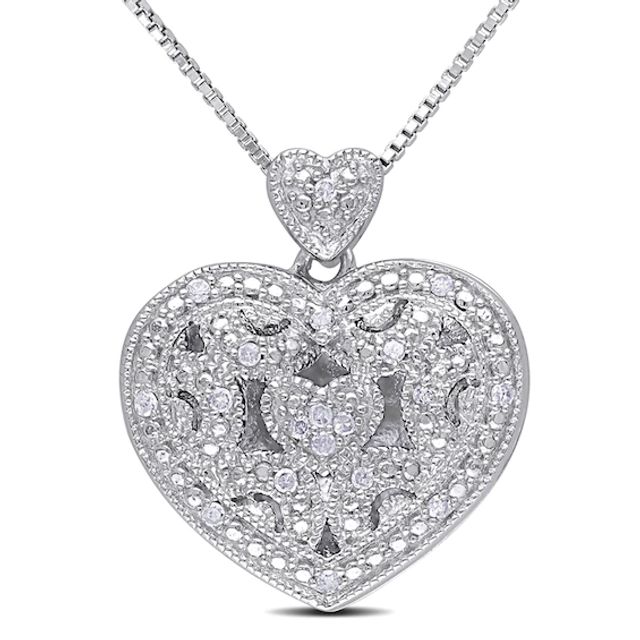 1/15 CT. T.w. Diamond Vintage-Style Beaded Double Heart Locket in Sterling Silver