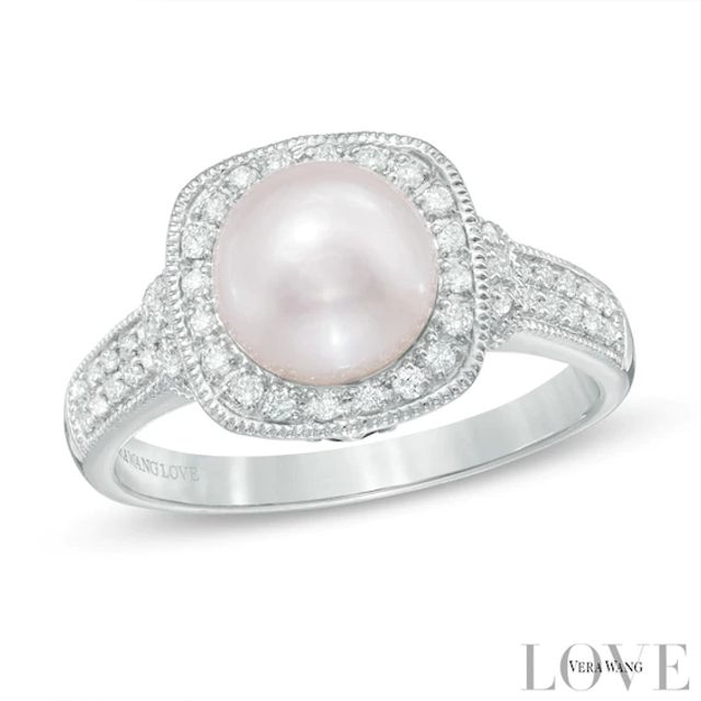 Vera Wang Love Collection Akoya Cultured Pearl and 1/5 CT. T.w. Diamond Frame Ring in 14K White Gold-Size 7