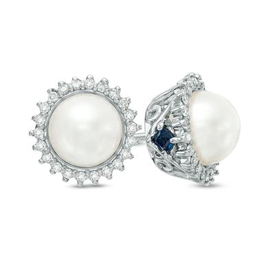 Vera Wang Love Collection Akoya Cultured Pearl and 1/8 CT. T.w. Diamond Frame Stud Earrings in 14K White Gold