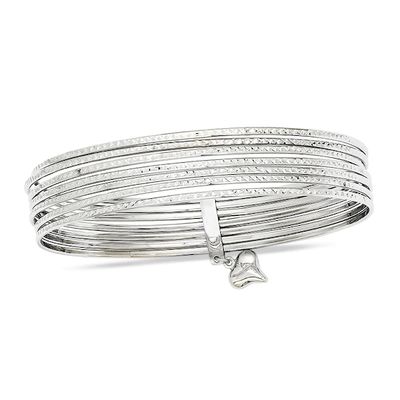 11.0mm Diamond-Cut Multi-Row Slip-On Bangle with Heart Charm in 14K White Gold - 8.0"