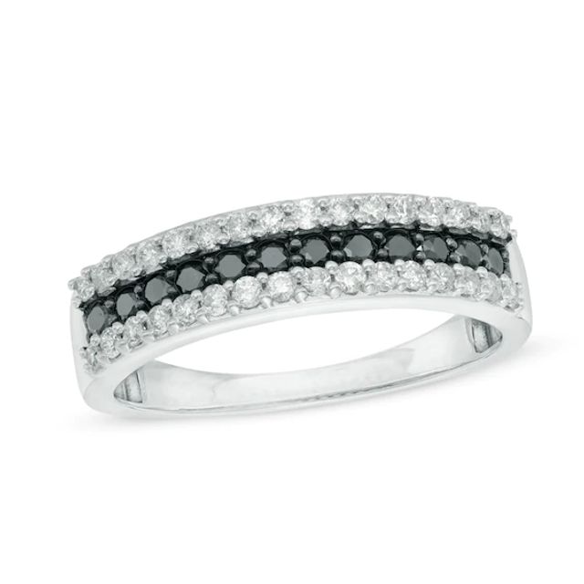 1/2 CT. T.w. Enhanced Black and White Diamond Three Row Anniversary Band in 10K White Gold