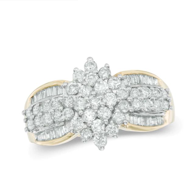 1 CT. T.w. Round and Baguette-Cut Multi-Diamond Engagement Ring in 14K Gold