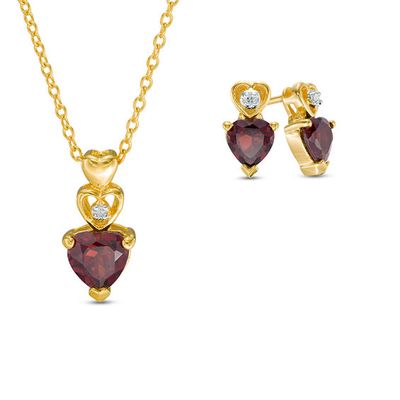 Heart-Shaped Garnet and Diamond Accent Pendant and Earrings Set in Sterling Silver with 18K Gold Plate