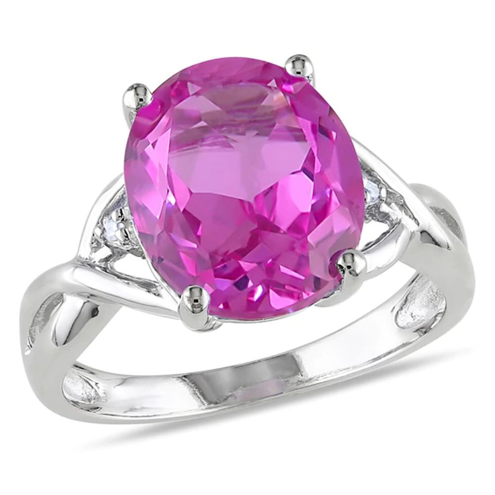 Oval Lab-Created Pink Sapphire and Diamond Accent Twist Ring in Sterling Silver