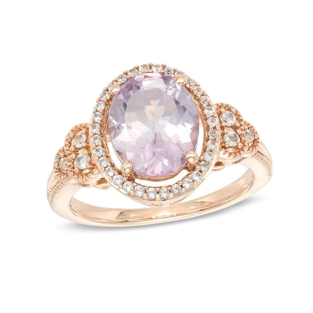 Oval Rose de France Amethyst and Lab-Created White Sapphire Frame Ring in 10K Rose Gold