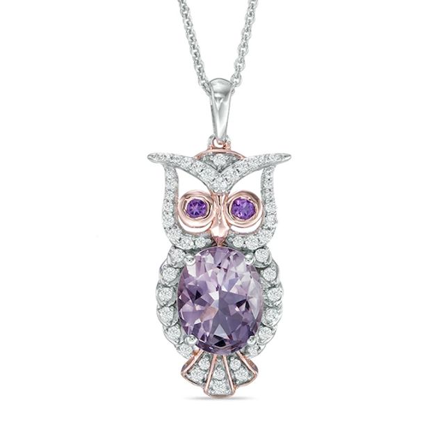 Oval Rose de France Amethyst and Lab-Created White Sapphire Owl Pendant in Sterling Silver and 14K Rose Gold Plate