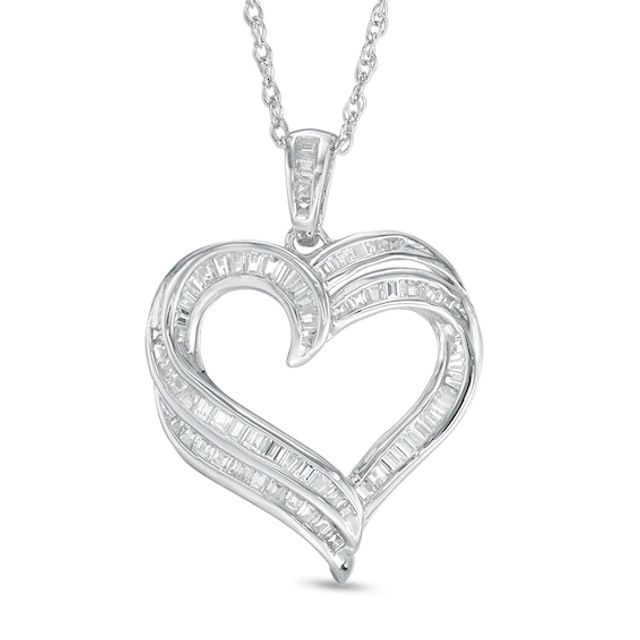 Baguette Lab-Created White Sapphire Double Row Heart Pendant in Sterling Silver