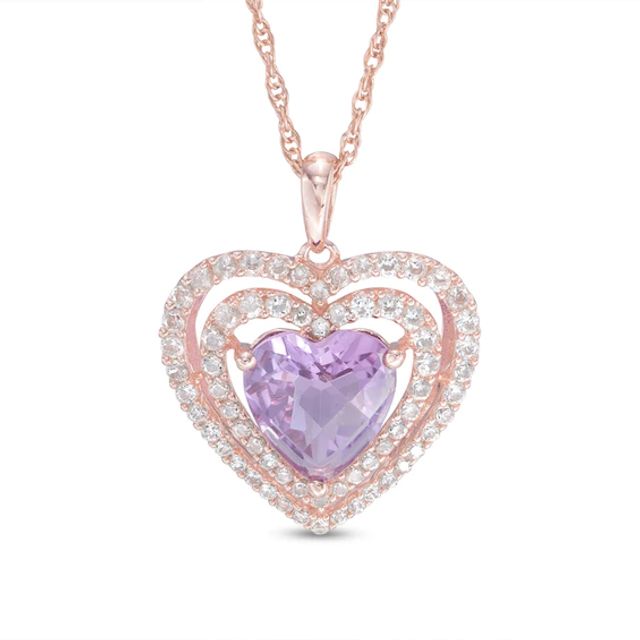 8.0mm Rose de France Amethyst and Lab-Created White Sapphire Heart Pendant in Sterling Silver and 14K Rose Gold Plate