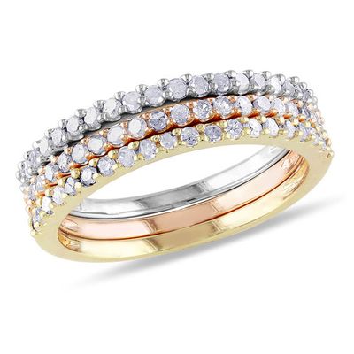 5/8 CT. T.w. Diamond Stackable Three Band Set in Sterling Silver with Two-Tone Rhodium Plating