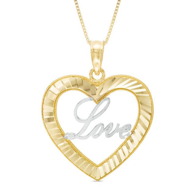 Diamond-Cut Heart with "Love" Pendant in 10K Two-Tone Gold