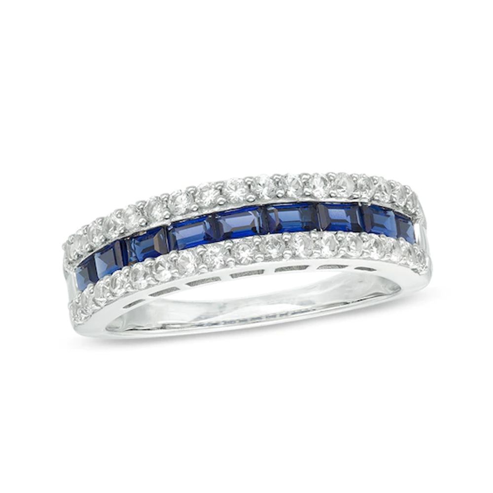 Lab-Created Blue and White Sapphire Three Row Band in Sterling Silver