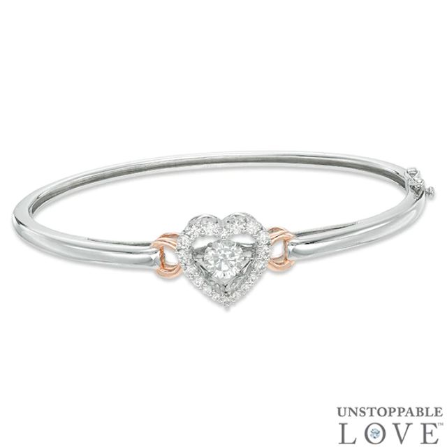 Lab-Created White Sapphire Heart Bangle in Sterling Silver and 14K Rose Gold Plate - 8"