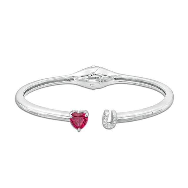 7.0mm Heart-Shaped Lab-Created Ruby and White Sapphire Hinged Cuff in Sterling Silver