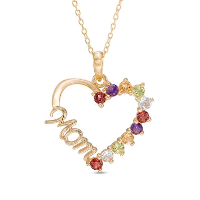 Multi-Gemstone Mom Heart Pendant in Sterling Silver with 18K Gold Plate