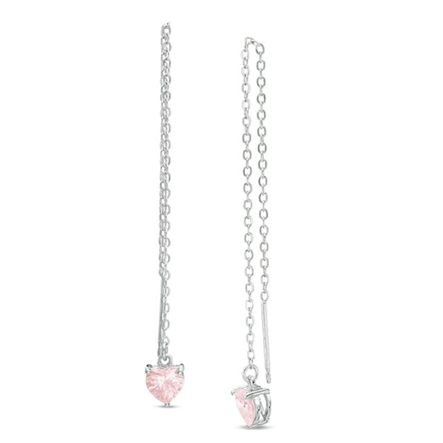 Heart-Shaped Lab-Created Pink Sapphire Chain Drop Earrings in Sterling Silver