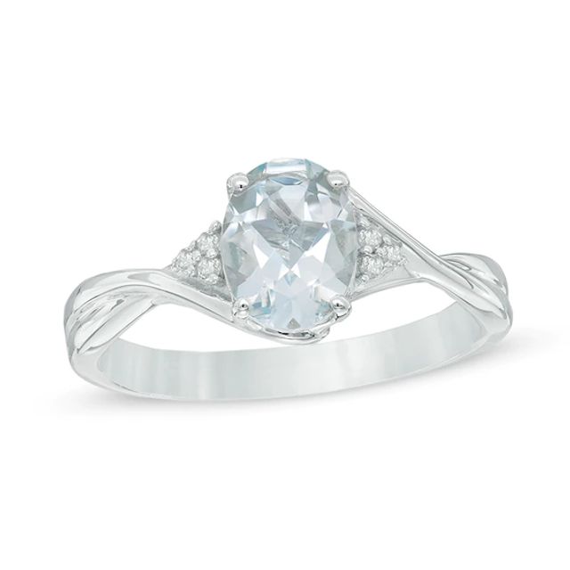 Oval Aquamarine and Diamond Accent Tri-Sides Ring in Sterling Silver