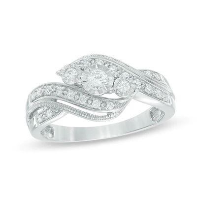 1/4 CT. T.w. Diamond Vintage-Style Three Stone Bypass Promise Ring in 10K White Gold