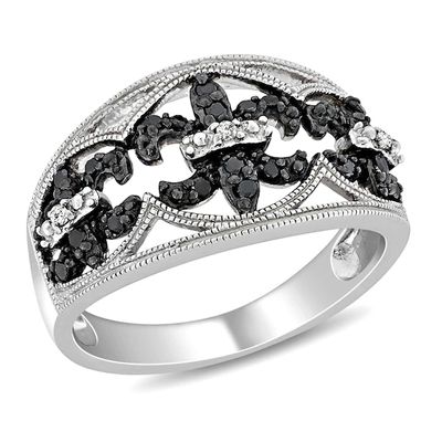 1/4 CT. T.w. Enhanced Black and White Diamond Vintage-Style Fleur-de-Lis Ring Sterling Silver