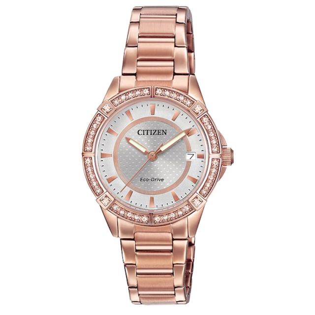 Ladies' Drive from Citizen Eco-DriveÂ® Crystal Accent Rose-Tone Watch With Silver-Tone Dial (Model: Fe6063-53A)