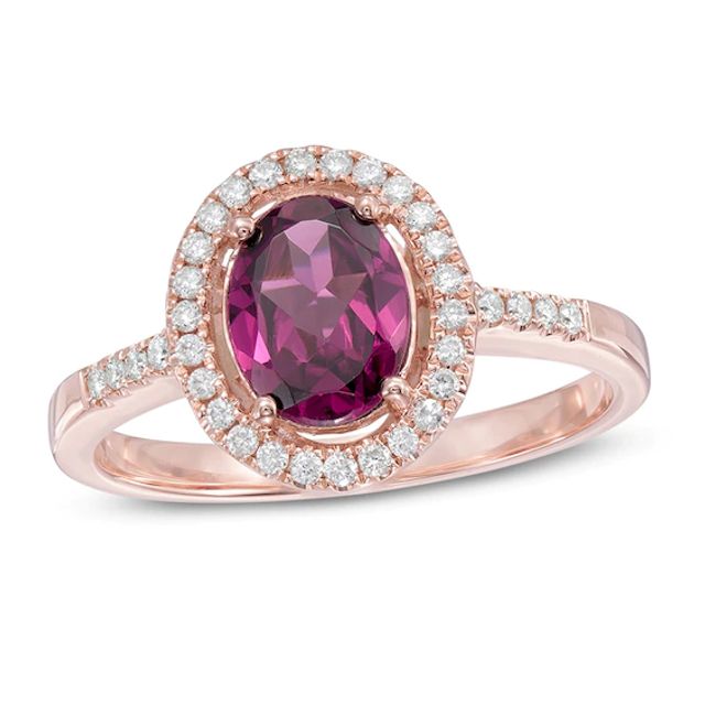 Oval Rhodolite Garnet and 1/6 CT. T.w. Diamond Frame Ring in 10K Rose Gold